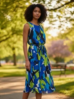Vince Camuto Sleeveless Abstract Print Chiffon Dress - Blue & Green